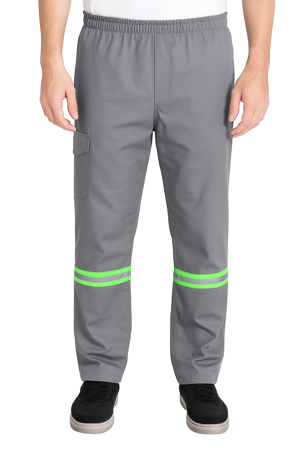 Calça de Brim Profissional com Elástico Total Refletivo Verde I Cinza