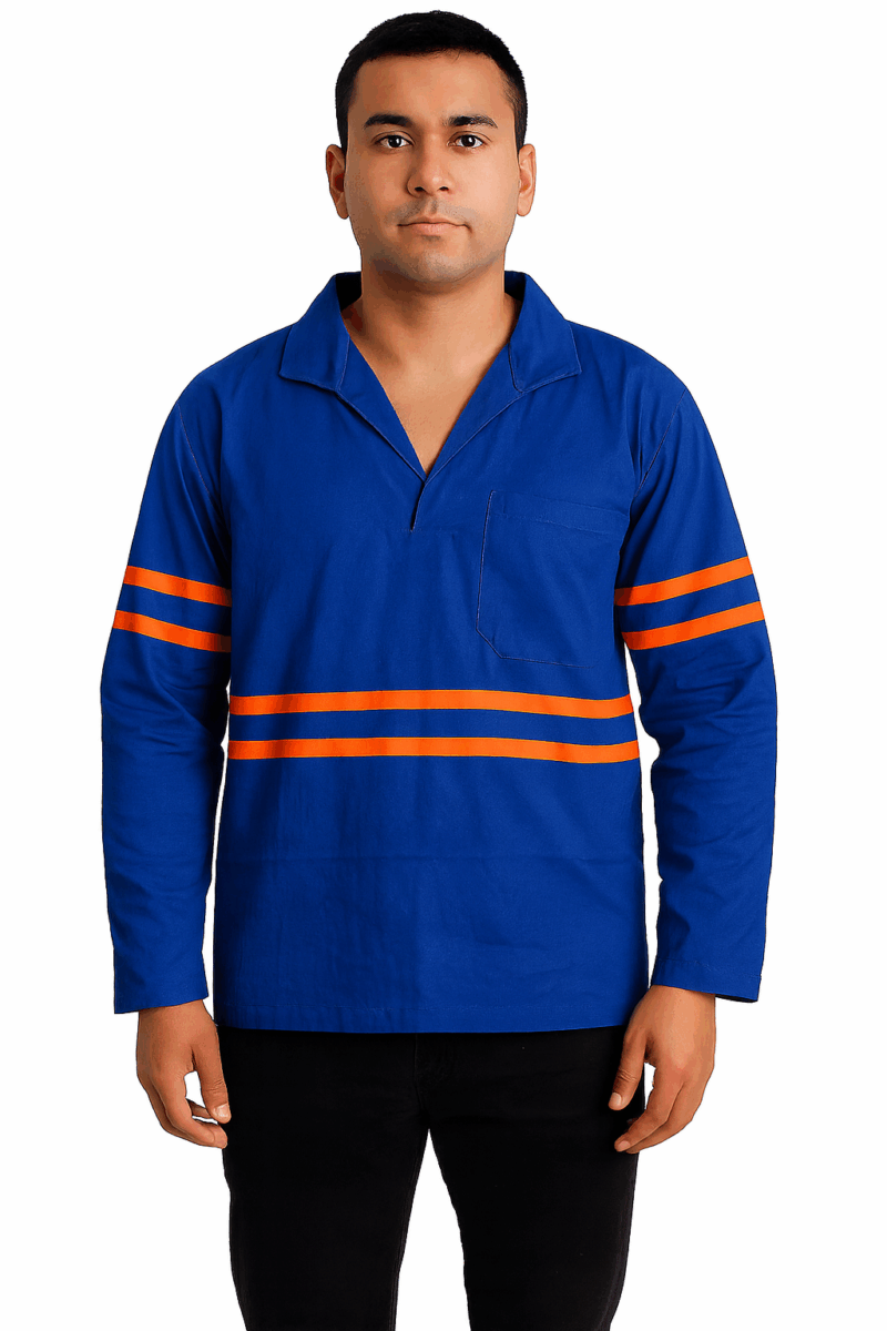 Camisa de Brim Profissional com Faixa Refletiva Laranja I Manga Cumprida I Gola Italiana I Azul Royal