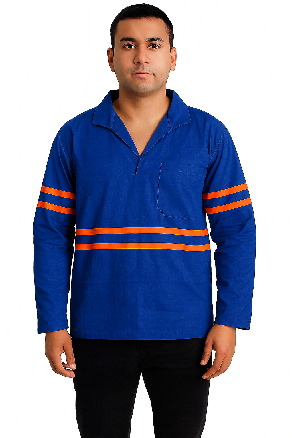 Camisa de Brim Profissional com Faixa Refletiva Laranja I Manga Cumprida I Gola Italiana I Azul Royal