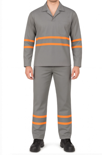 Conjunto de Brim Profissional com Faixa Refletiva Laranja – Calça e Camisa Gola Italiana Manga Longa | Cinza