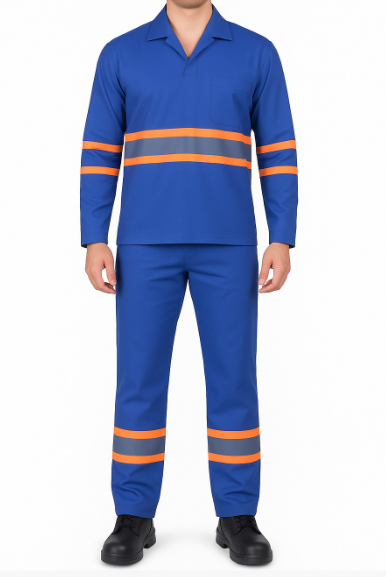 Conjunto de Brim Profissional com Faixa Refletiva Laranja – Calça e Camisa Gola Italiana Manga Longa | Azul Royal