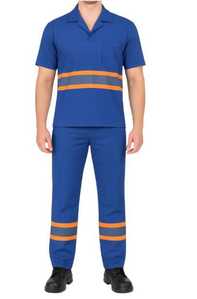 Conjunto de Brim Profissional com Faixa Refletiva Laranja – Calça e Camisa Gola Italiana Manga Curta | Azul Royal