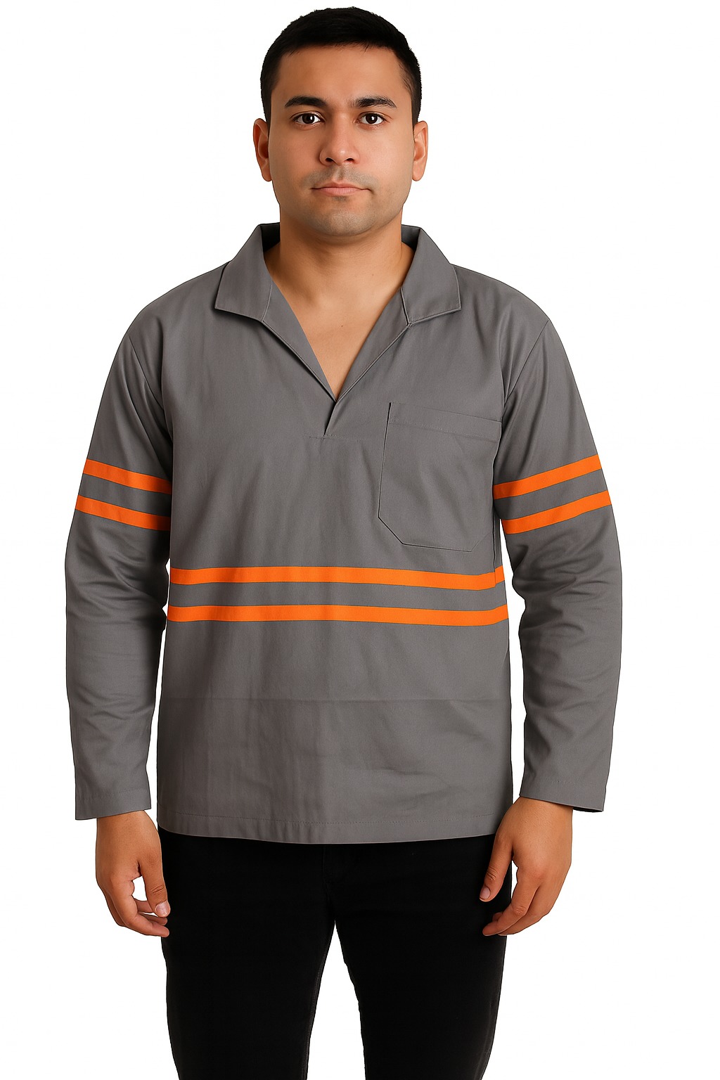 Camisa de Brim Profissional com Faixa Refletiva Laranja I Manga Cumprida I Gola Italiana I Cinza