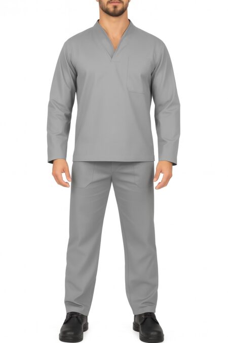 Conjunto de Brim Profissional I Calça e Camisa Gola Italiana I Manga Longa I Cinza