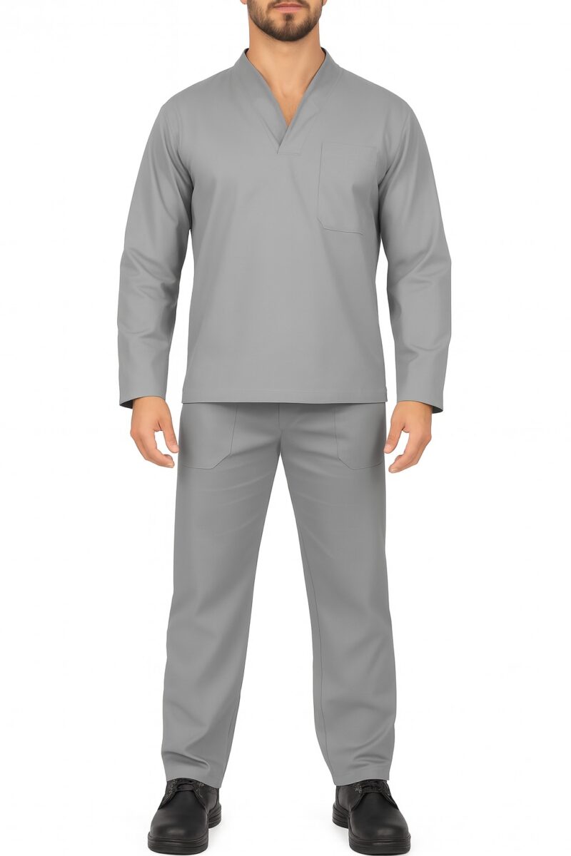 Conjunto de Brim Profissional I Calça e Camisa Gola Italiana I Manga Longa I Cinza