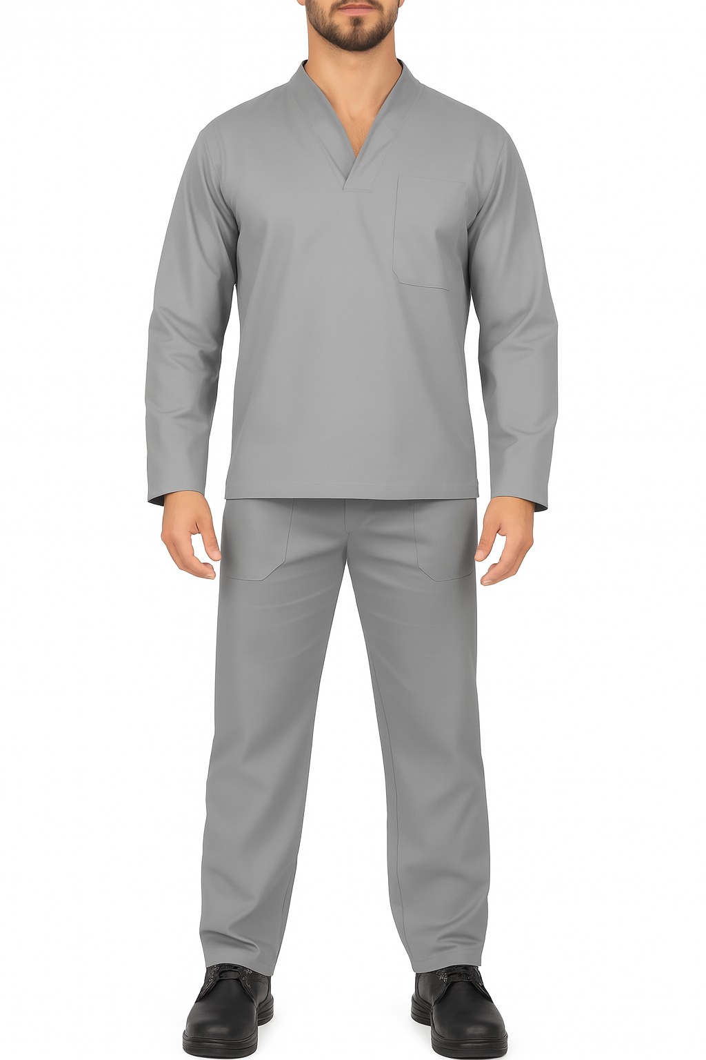 Conjunto de Brim Profissional I Calça e Camisa Gola Italiana I Manga Longa I Cinza