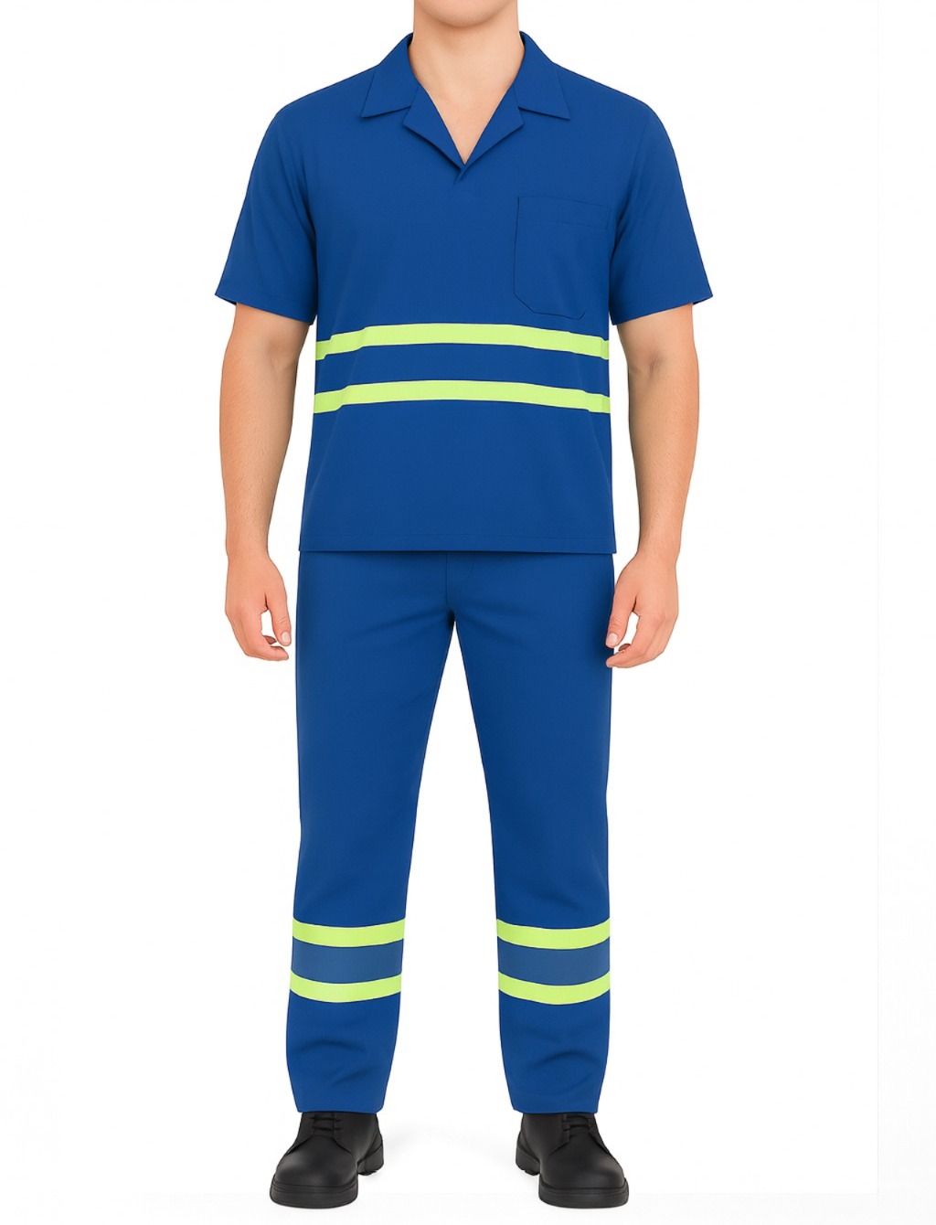 Conjunto de Brim Profissional com Faixa Refletiva Verde – Calça e Camisa Gola Italiana Manga Curta | Azul Royal