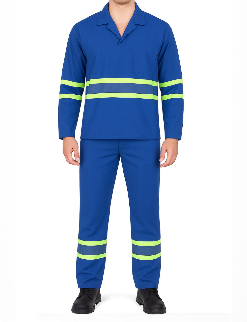Conjunto de Brim Profissional com Faixa Refletiva Verde – Calça e Camisa Gola Italiana Manga Longa | Azul Royal