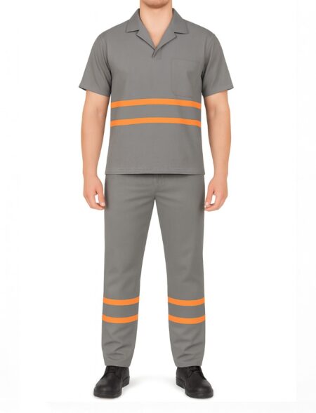 Conjunto de Brim Profissional com Faixa Refletiva Laranja – Calça e Camisa Gola Italiana Manga Curta | Cinza