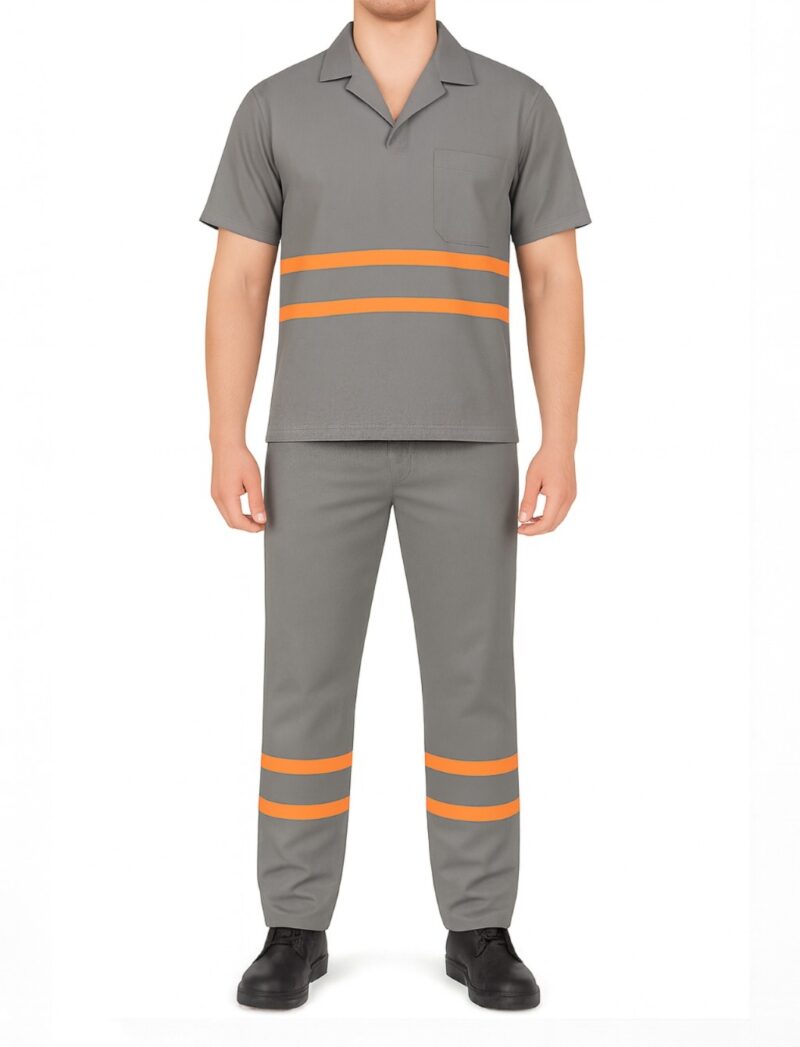 Conjunto de Brim Profissional com Faixa Refletiva Laranja – Calça e Camisa Gola Italiana Manga Curta | Cinza