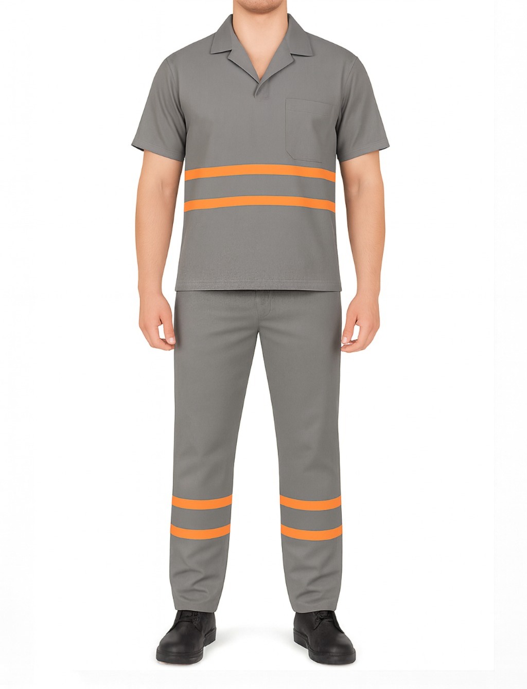 Conjunto de Brim Profissional com Faixa Refletiva Laranja – Calça e Camisa Gola Italiana Manga Curta | Cinza