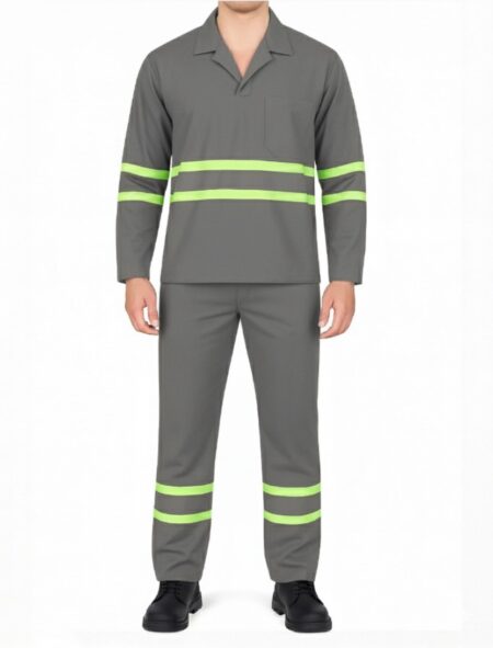 Conjunto de Brim Profissional com Faixa Refletiva Verde – Calça e Camisa Gola Italiana Manga Longa | Cinza