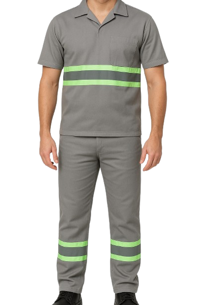 Conjunto de Brim Profissional com Faixa Refletiva Verde – Calça e Camisa Gola Italiana Manga Curta | Cinza