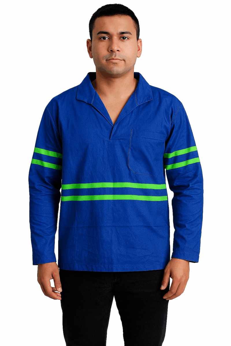 Camisa de Brim Profissional com Faixa Refletiva Verde I Manga Cumprida I Gola Italiana I Azul Royal