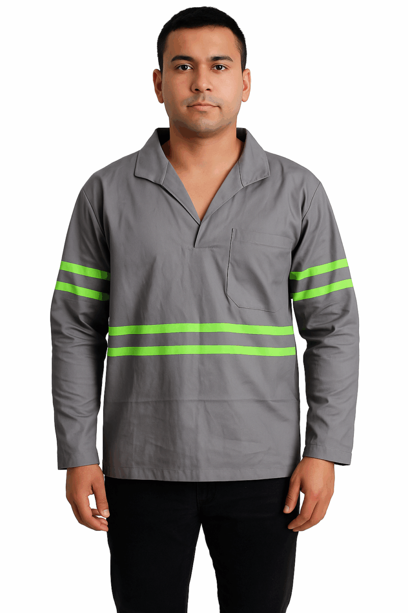 Camisa de Brim Profissional com Faixa Refletiva Verde | Cinza