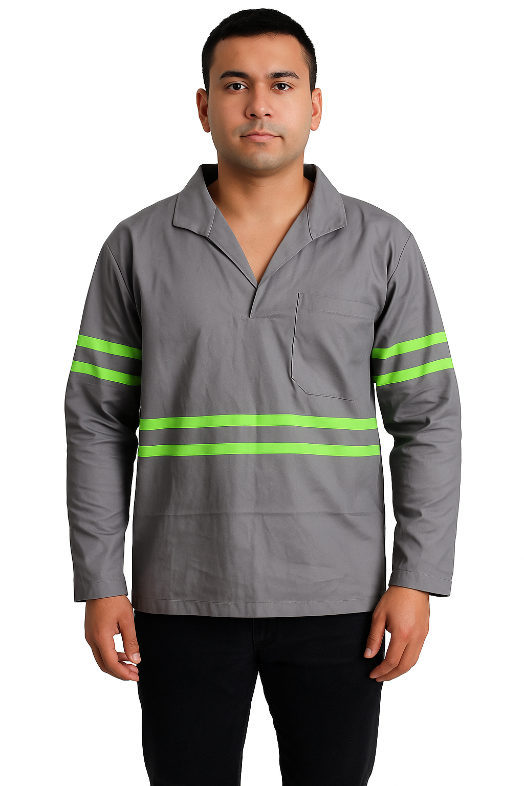 Camisa de Brim Profissional com Faixa Refletiva Verde | Cinza