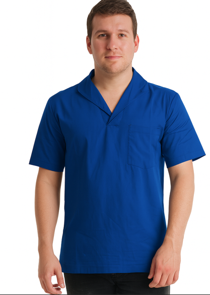 Camisa Profissional em Brim I Manga Curta I Gola Italiana I Azul Royal