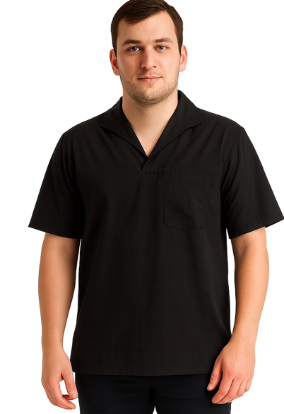 Camisa Profissional em Brim I Manga Curta I Gola Italiana I Preta