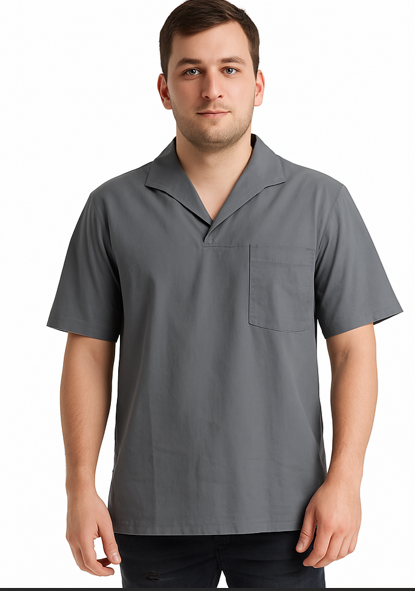 Camisa Profissional em Brim I Manga Curta I Gola Italiana I Cinza