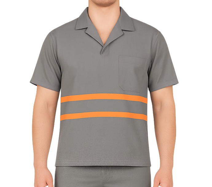 Camisa de Brim Profissional com Faixa Refletiva Laranja Manga Curta | Cinza