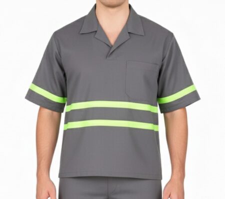 Camisa de Brim Profissional com Faixa Refletiva Verde Manga Curta | Cinza