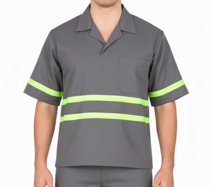 Camisa de Brim Profissional com Faixa Refletiva Verde Manga Curta | Cinza