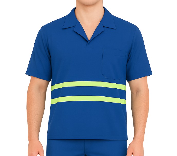 Camisa de Brim Profissional com Faixa Refletiva Verde Manga Curta| Azul Royal