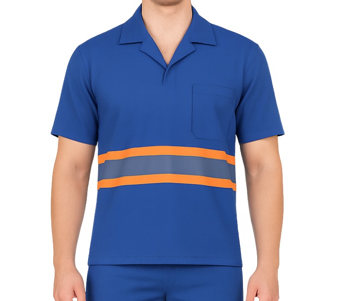 Camisa de Brim Profissional com Faixa Refletiva Laranja Manga Longa | Azul Royal