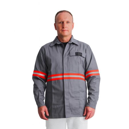 Camisa de Brim Profissional Eletricista NR10 Cinza – Refletivo Laranja | CA 44108