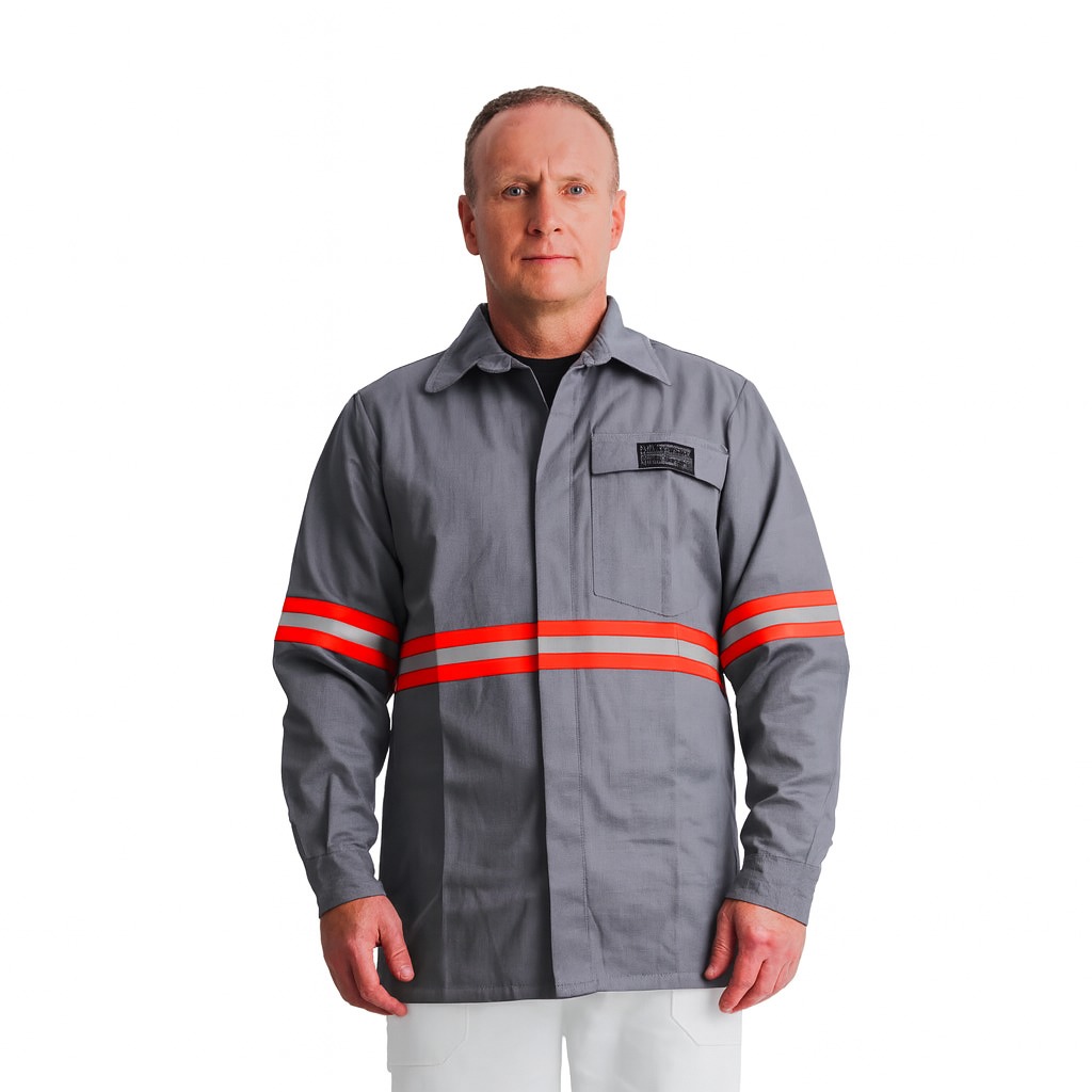 Camisa de Brim Profissional Eletricista NR10 Cinza – Refletivo Laranja | CA 44108