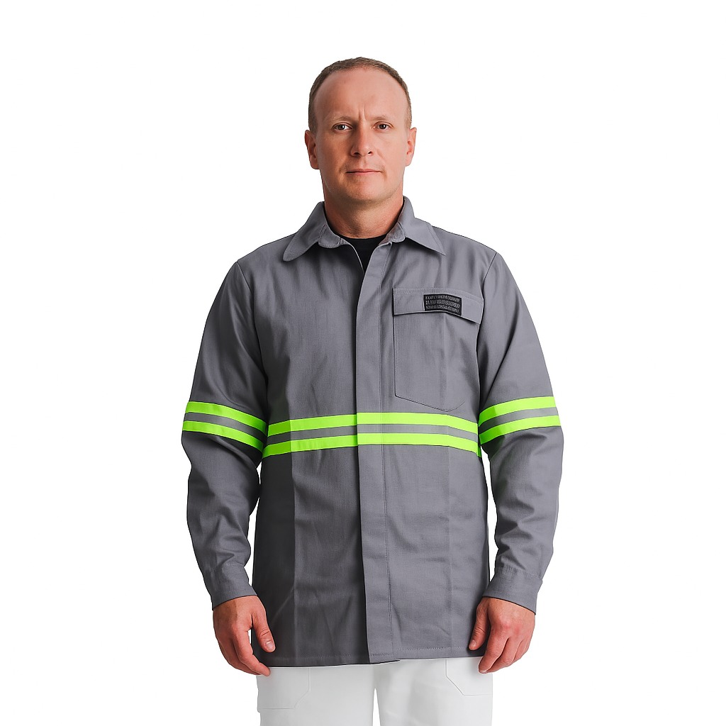 Camisa de Brim Profissional Eletricista NR10 Cinza – Refletivo Verde | CA 44108