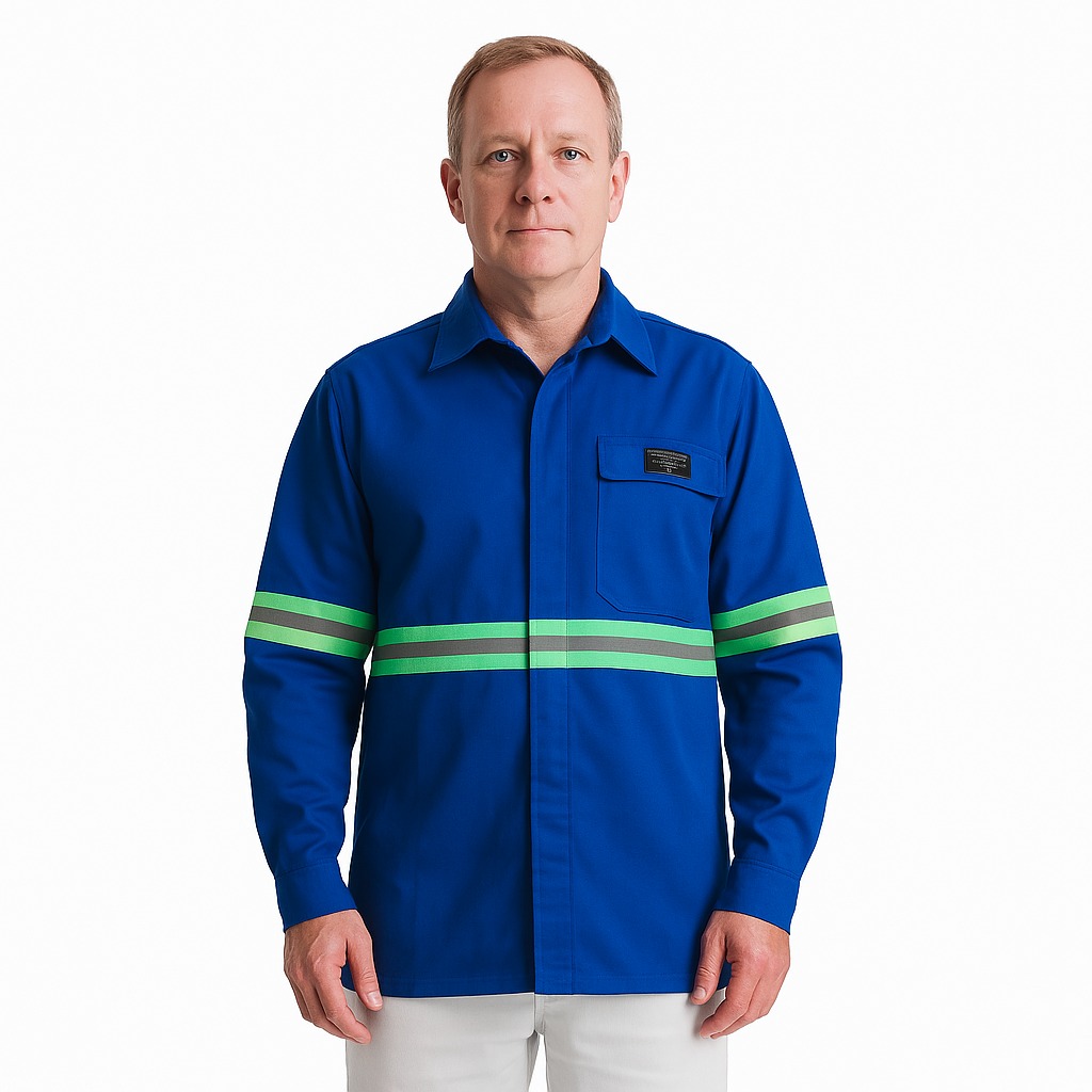 Camisa de Brim Profissional Eletricista NR10 Azul Royal – Refletivo Verde | CA 44108