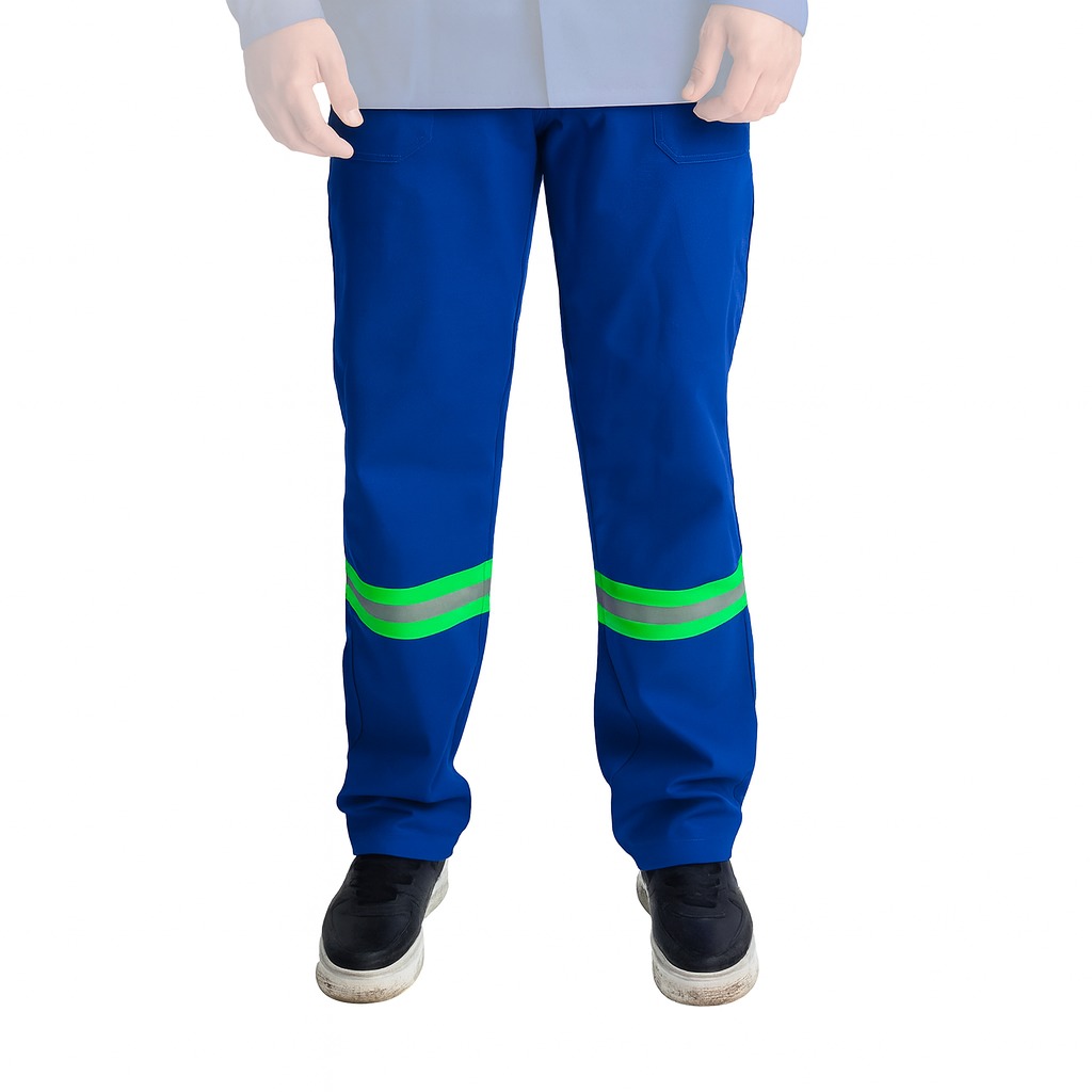 Calça de Brim Profissional Eletricista NR10 Azul Royal – Refletivo Verde | ATPV 10,0 | Risco 2 | CA 44109