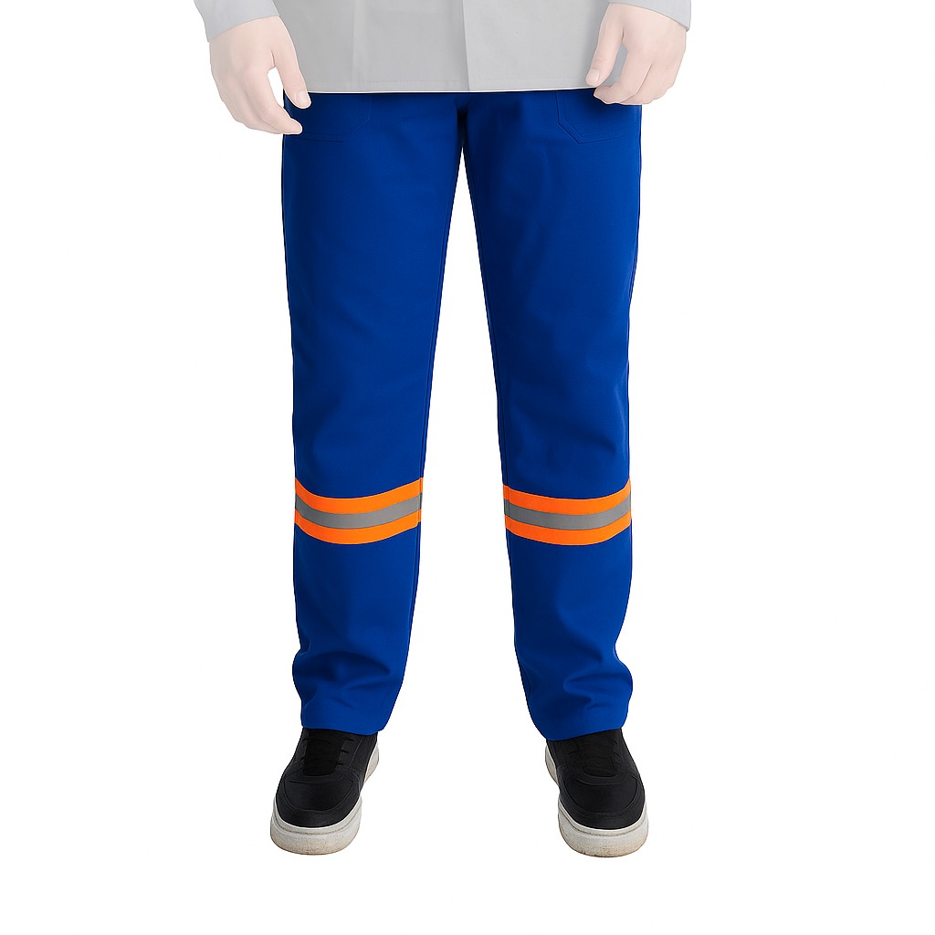 Calça de Brim Profissional Eletricista NR10 Azul Royal – Refletivo Laranja | ATPV 10,0 | Risco 2 | CA 44109