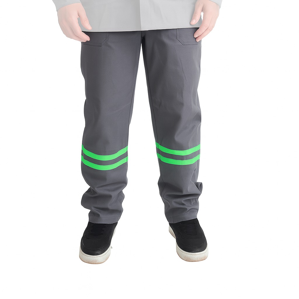 Calça de Brim Profissional | Eletricista NR10 | Cinza – Refletivo Verde | ATPV 11,0 | Risco 2 | CA 44109