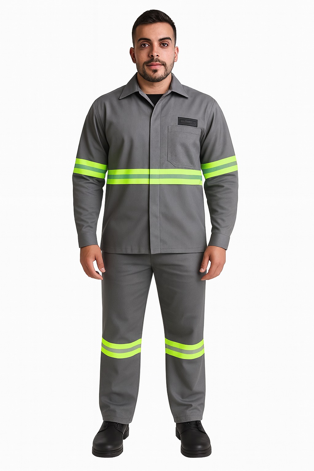 Conjunto de Brim Profissional (Calça e Camisa) | Eletricista NR 10 | Cinza – Refletivo Verde | ATPV 10,0 | Risco 2 | CA 44109