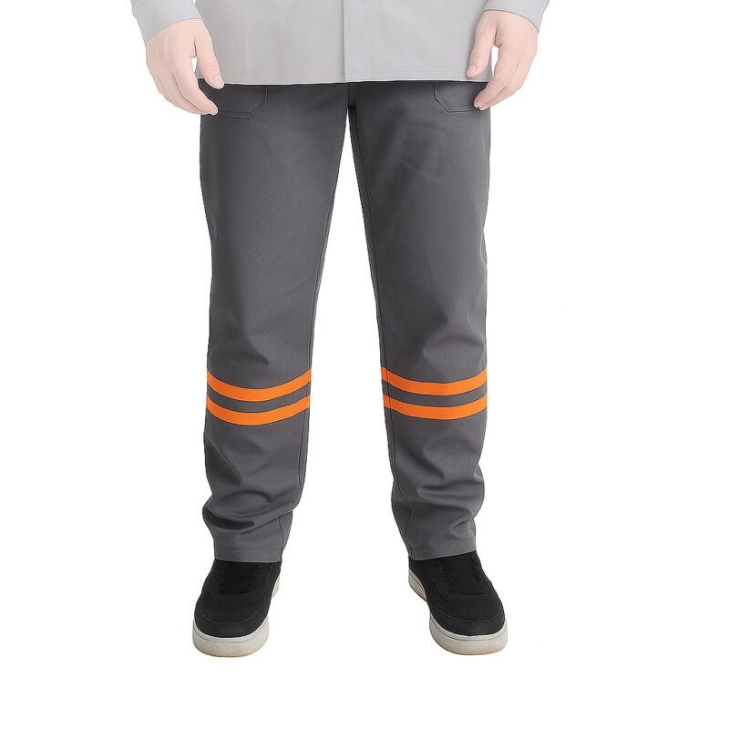 Calça de Brim Profissional | Eletricista NR 10 | Cinza – Faixa Refletiva Laranja | ATPV 11,0 | Risco 2 | CA 44109