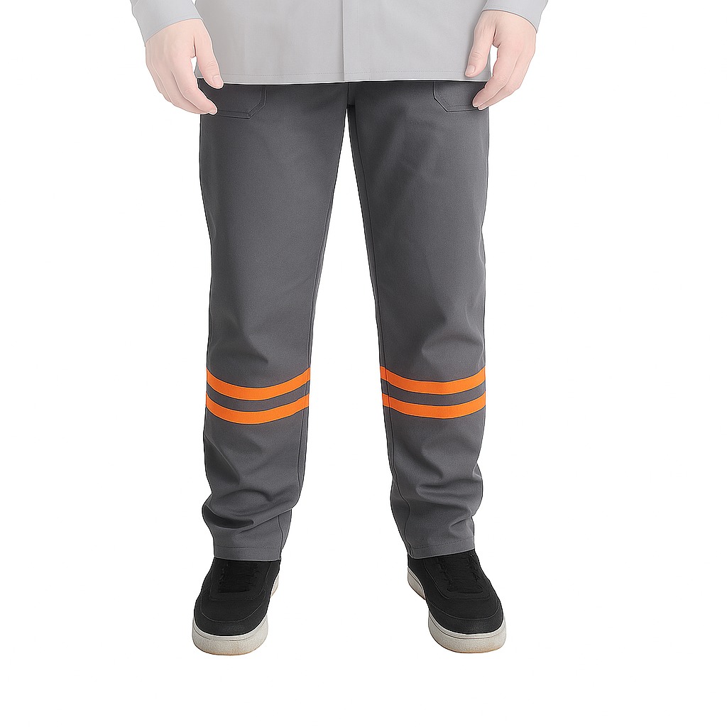 Calça de Brim Profissional | Eletricista NR 10 | Cinza – Faixa Refletiva Laranja | ATPV 11,0 | Risco 2 | CA 44109