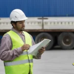 Trabalhador com capacete e colete refletivo verificando documentos entre caminhões em operação logística de transporte