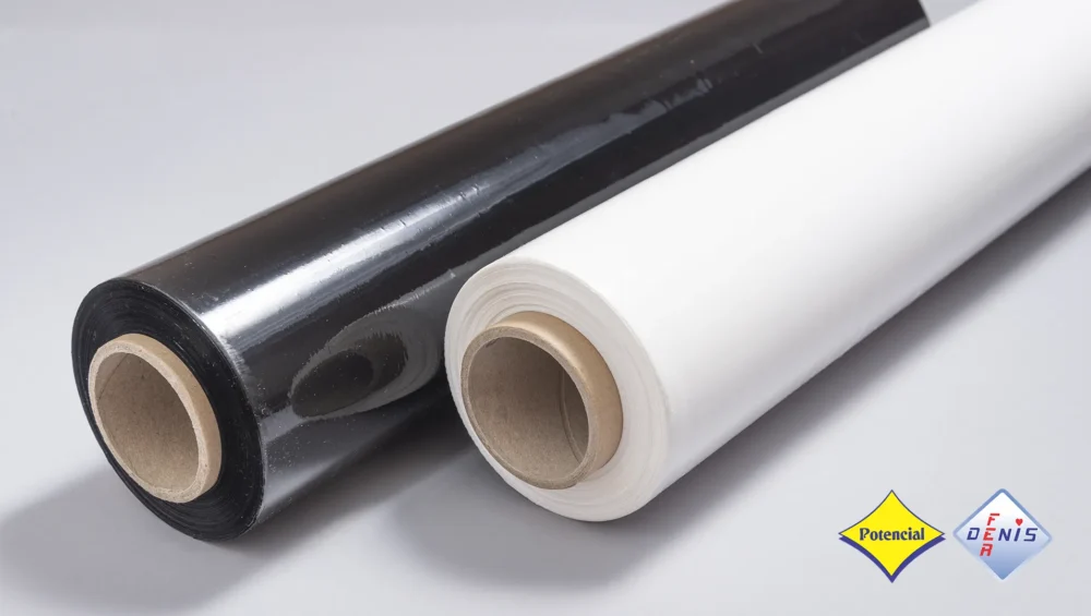 Tubos de plástico stretch preto e branco utilizados como plástico técnico para embalagem industrial